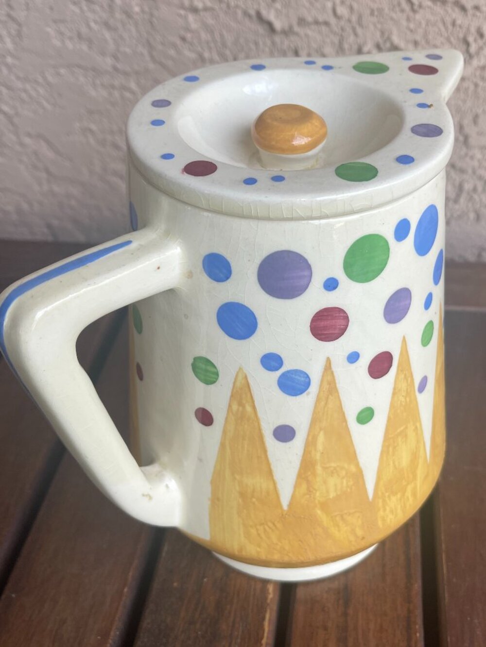 Art Deco German Ceramic Mustard Domino Pattern Pitcher & Lid